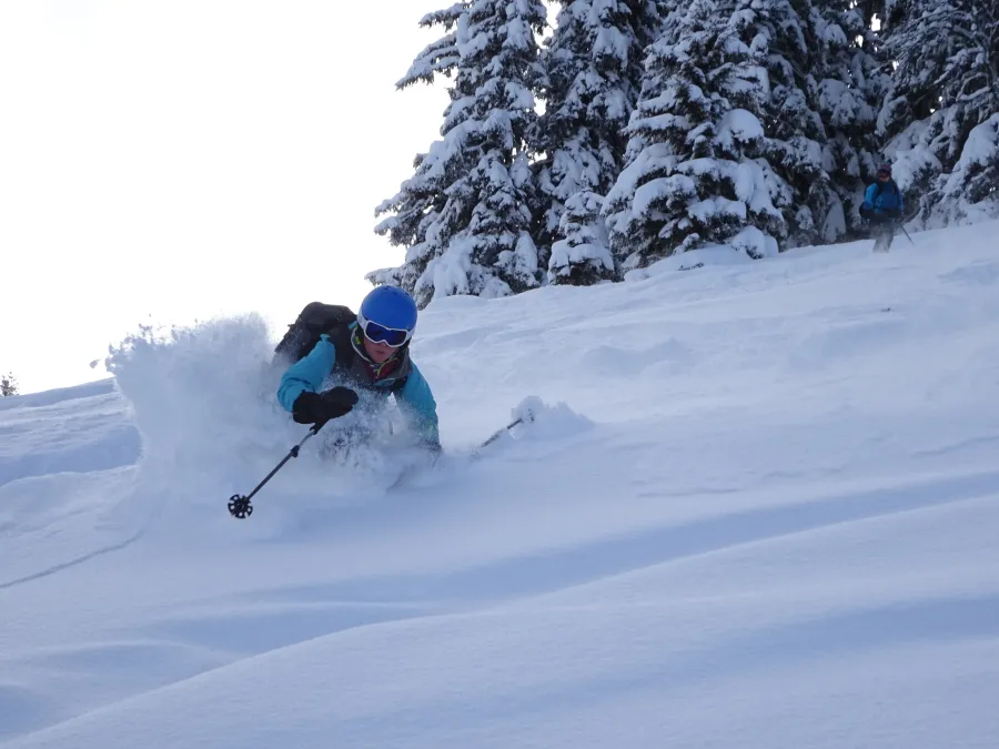 Skier carving through deep untracked powdery snow throwing plumes of light spray